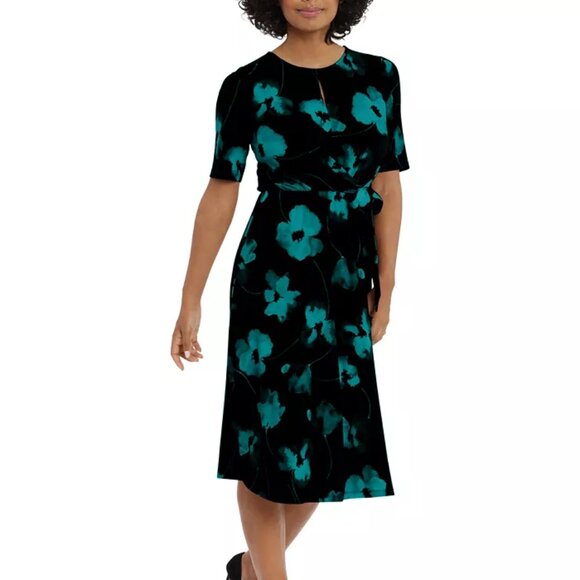 London Times Women's Floral-Print Side-Tie Fit & Flare Keyhole Dress Size 20 - Picture 1 of 4